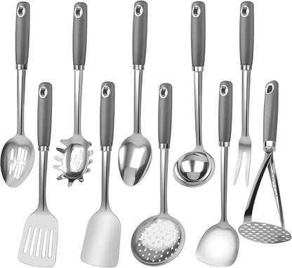 10 Piece Stainless Steel Cooking Utensils Set - 18/0 Heavy Duty Kitchen Tools for Grilling & Serving (Grey) by VZZNN