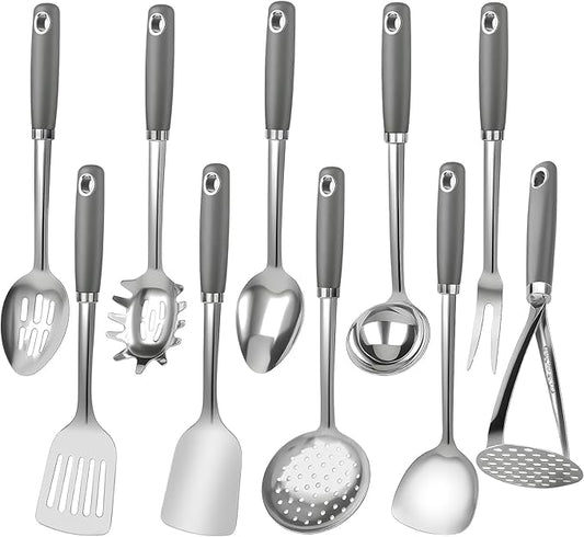 10 Piece Stainless Steel Cooking Utensils Set - 18/0 Heavy Duty Kitchen Tools for Grilling & Serving (Grey) by VZZNN