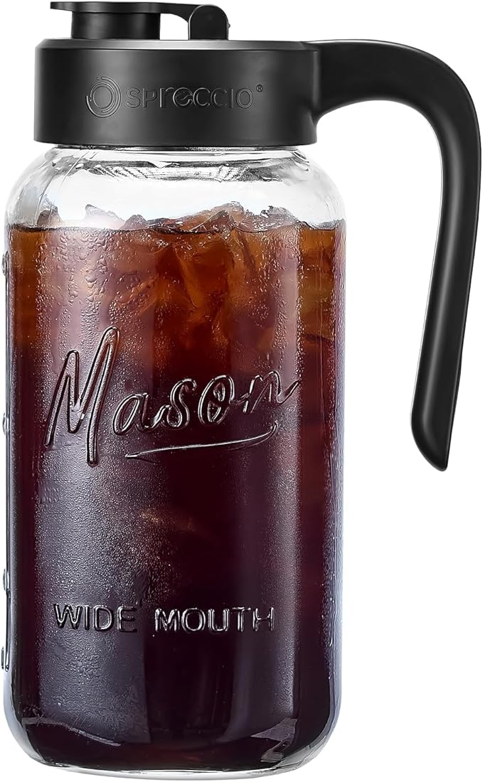 Mason Jar Pitcher - Airtight & Leakproof Glass Pitcher with Lid, Perfect for Breastmilk, Cold Brew, and Sun Tea, 2 Quart (64 oz) 1/2 Gallon Mason Jar with Pour Spout Lid by spreccio