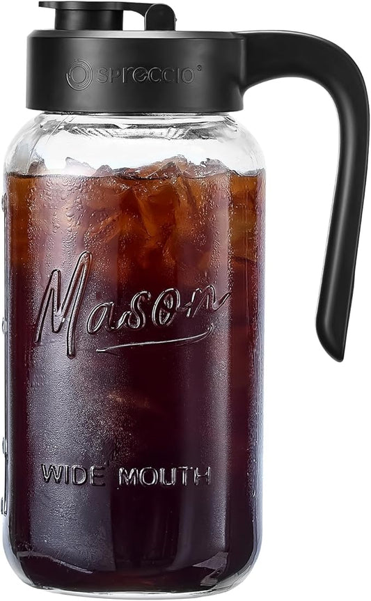 Mason Jar Pitcher - Airtight & Leakproof Glass Pitcher with Lid, Perfect for Breastmilk, Cold Brew, and Sun Tea, 2 Quart (64 oz) 1/2 Gallon Mason Jar with Pour Spout Lid by spreccio