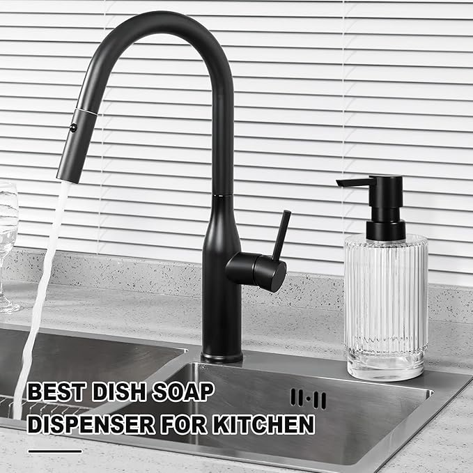 VIMERPA Glass Soap Dispenser with Pump, 11 fl oz Clear Hand Soap Dispensers for Bathroom, Ribbed Style Dish Soap Dispenser for Kitchen, Modern Refillable Liquid Soap Pump Bottle