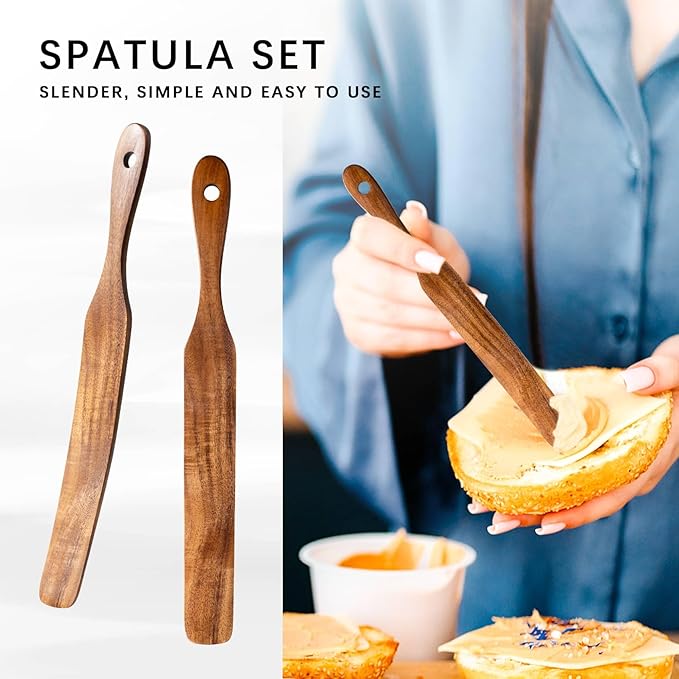 Wooden Spatula for Cooking Set of 2 – 11 Inch Teak Wood Spatula with Thin Edge for Flipping – Flat Wooden Spatulas for Nonstick Pans – Sturdy Wood Cooking Utensils for Daily Use