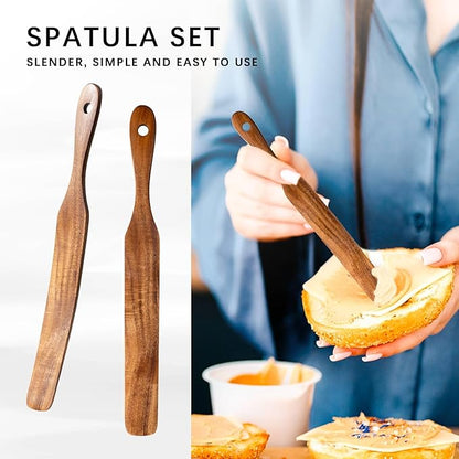 Wooden Spatula for Cooking Set of 2 – 11 Inch Teak Wood Spatula with Thin Edge for Flipping – Flat Wooden Spatulas for Nonstick Pans – Sturdy Wood Cooking Utensils for Daily Use