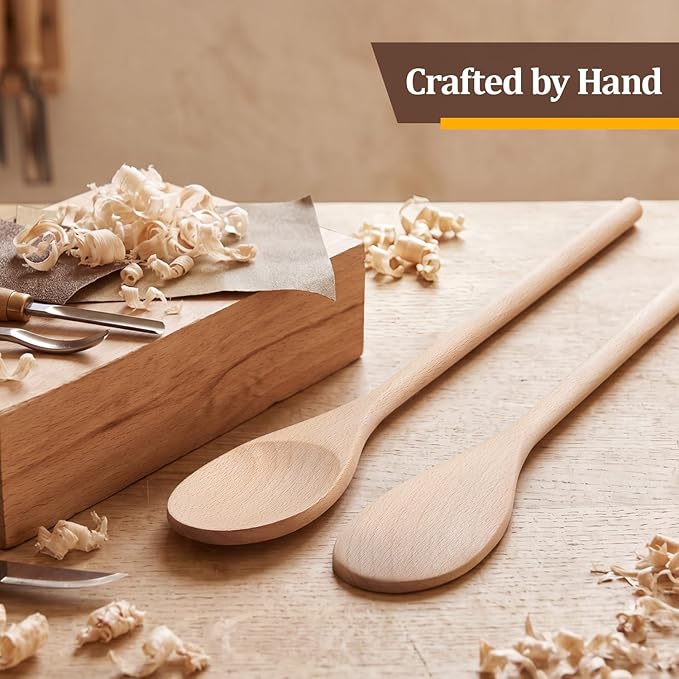 12 Pcs Wooden Spoons for Cooking, MORGLES 14-Inch Serving Spoons for Stirring Mixing Serving Long Handle Plastic Free Reusable Non Scratch Dishwasher Safe