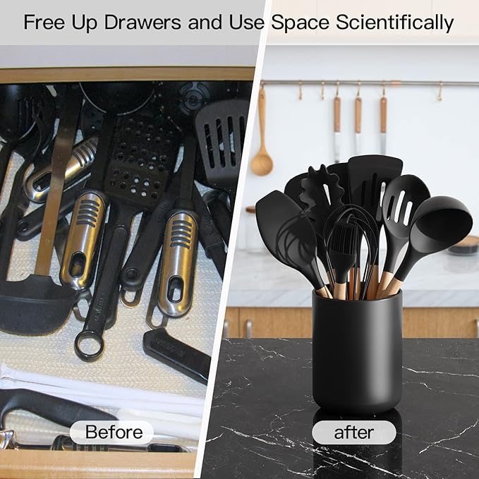 LATCHHOOK Black Kitchen Utensil Holder for Countertop, Large 7.2 Matte Ceramic Cooking Utensil Crock for Counter Easy to Clean, Modern Spatula Holder for Farmhouse Décor 7.2×5.8 INCH - Image 5