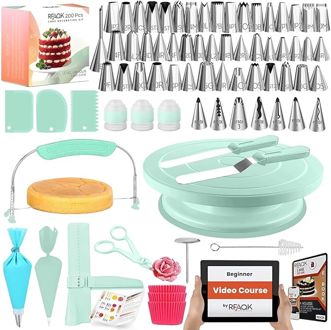 RFAQK 200PCs Cake Decorating Kit with Cake Turntable & Leveler, Baking Supplies Gift Includes 110+1 Piping Bags,55 Icing Tips,2 Frosting Spatulas, Adjustable Scraper, Video Tutorial, Booklet & more by RFAQK