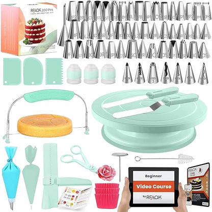 RFAQK 200PCs Cake Decorating Kit with Cake Turntable & Leveler, Baking Supplies Gift Includes 110+1 Piping Bags,55 Icing Tips,2 Frosting Spatulas, Adjustable Scraper, Video Tutorial, Booklet & more by RFAQK