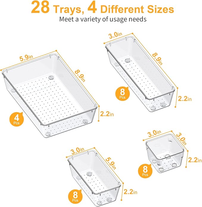 SMARTAKE 28 Piece Drawer Organizers with Non-Slip Silicone Pads, 4-Size Desk Drawer Organizer Trays Storage Tray for Makeup, Jewelries, Utensils in Bedroom Dresser, Office and Kitchen, Clear - Image 3