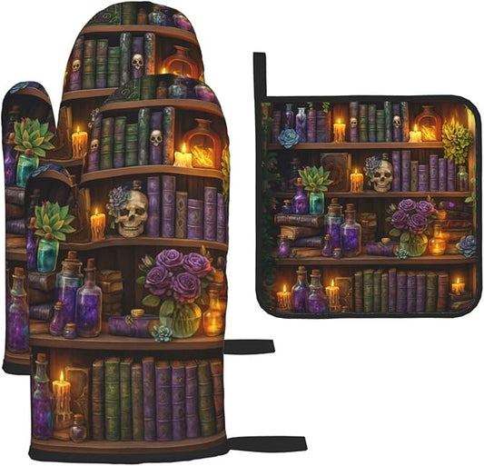 Witch Gothic Oven Mitts and Pot Holders Sets,Witchy Wicca Skull Baking Glovers Hot Pads,Mystical Heat Resistant Kitchen Mitts for Baking Cooking Grilling BBQ,Gothic Witchy Gifts for Women