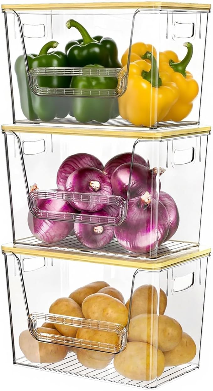 Delamu 3 Pack Pantry Organizers and Storage,Trash Bag Dispenser with Bamboo Top,Stackable Trash Bag Dispenser Under Sink Organizer for 4-30 GalBags,Onion,Potato,Fruits,Clear by DELAMU
