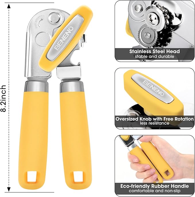 Beneno Heavy Duty Hand Can Opener Manual with Magnet, Durable Sharp Carbon Steel Blade Smooth Cutting, Big Effort-Saving Knob, Soft Grip Handle, Multifunctional Kitchen Tool with Bottle Opener, Yellow - Image 2