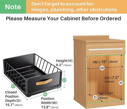 Pull out Cabinet Organizer,Heavy Duty Slide out Pantry Shelves Drawer Storage with Adhesive Nano Film,Sliding Mesh Cabinet Basket with Handle for Kitchen, Bathroom, Home, 13.8"W X 15.7"D X 6.2"H,Black