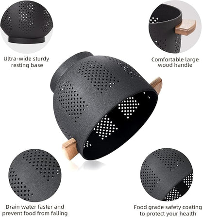 Metal Colander with Wood Handle and Stable Base, Powder Coated Steel Kitchen Strainer Basket for Draining Pasta, Vegetable and fruit(5.5quart,Matte Black) - Image 6