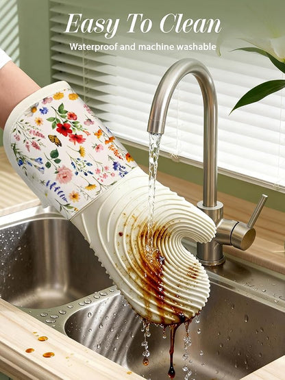Slohif Long Silicone Oven Mitts Heat Resistant for Women - 2 Pcs Red Flower 100% Cotton Oven Gloves, Non-Slip and Waterproof Silicone Oven Mitts with Hanger for Baking and Cooking