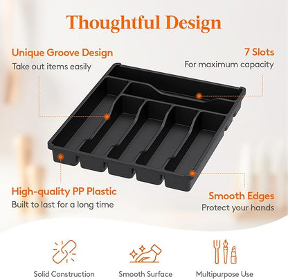 Lifewit Silverware Drawer Organizer Tray, Plastic Cutlery Storage for Kitchen, Flatware and Utensil Holder Divider for Spoons Forks Knives Tableware, 12.3 x 14.2", 7 Slots, Black - Image 3
