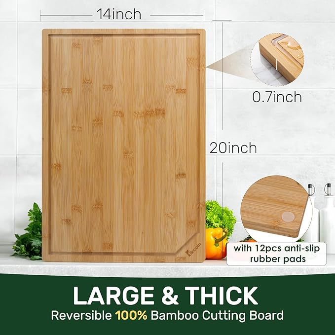 Kikcoin 20”×14” Bamboo Cutting Boards for Kitchen, Wooden Healthy Cutting Boards for Charcuterie, Vegetables, Cheese, Bread, Extra Large Chopping Boards with Deep Juice Groove and Handle, Natural - Image 3