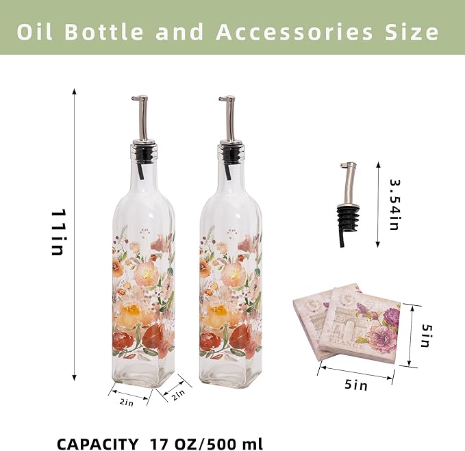 Topadorn 17 oz Olive Oil Dispenser Bottle Set for Kitchen, 2 Pcs Glass Oil Dispenser Bottle with Stainless Steel Pourers, 2 Packs of Napkins, Pink Flowers