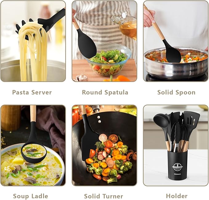 SAKAMOSH Silicone Cooking Utensils Set with Holder, 12 Pcs Heat Resistant Kitchen Utensils Set with Wooden Handle, BPA-free Spatula, Tongs, Spoons Set for Nonstick Cookware, Black
