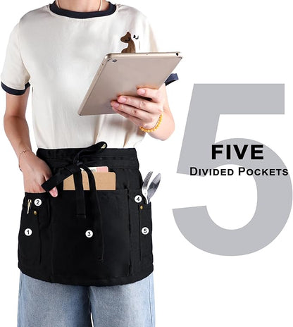 Server Apron with 5 Pockets - Rivet buckle Unisex Short/Half Waiter Waist Short Apron