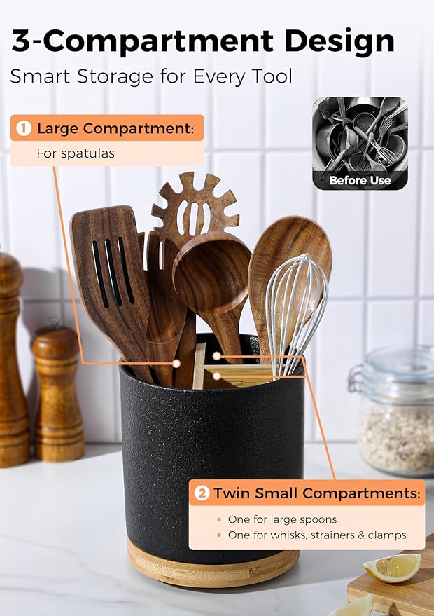 LoeJan 3 Compartment Utensil Holder, Extra Large Utensil Crock, Stable Ceramic Utensil Organizer, Cooking Tool Organizer Set for Kitchen Counter Farmhouse Decor,Textured Black - Image 3
