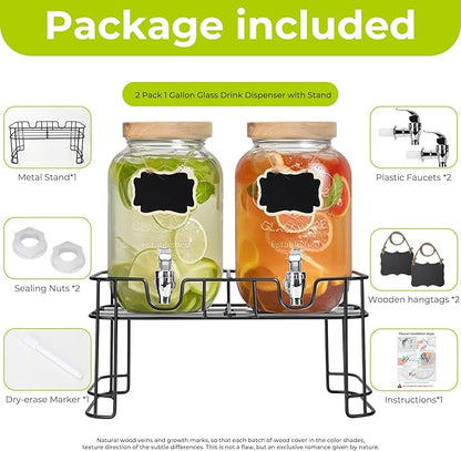 DHSBTLS 1 Gallon Glass Drink Dispensers, 2 Pack Clear Beverage Dispenser with Wood Lid for Party, BBQ and Picnic, Juice Dispenser with Black Stand, Spigot, Markers and Chalkboard
