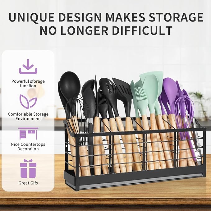 Large Kitchen Utensil Holder with Diatomite Base – Wall-Mountable Utensil Caddy with 4 Compartments – Fast-Drying Matte Black Utensil Organizer for Kitchen Countertop or Wall - Image 4