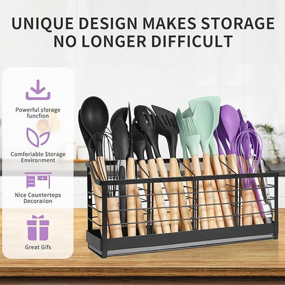Large Kitchen Utensil Holder with Diatomite Base – Wall-Mountable Utensil Caddy with 4 Compartments – Fast-Drying Matte Black Utensil Organizer for Kitchen Countertop or Wall - Image 4