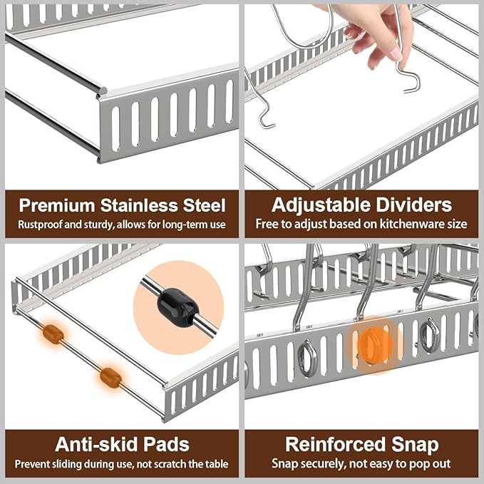 Housolution 2 Pack Pot and Pan Organizer, 12"-23" Expandable Pot Lid Organizer with 14 Adjustable Dividers, Pan Lid Holder Storage Rack for Cabinet, Silver - Image 3