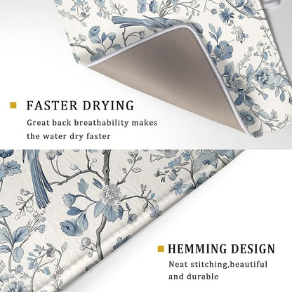 Chinoiserie Trees Dish Drying Mat for Kitchen Counter,Bule Bird Flowers Drying Mat 18 x 24 Inch with Absorbent Reversible Microfiber Drying Pad for Coffee Bar - Image 3