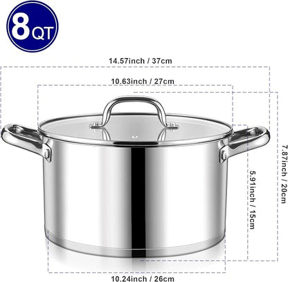 LIANYU Stainless Steel Stock Pot, 8 QT Large Soup Pot for Home Kitchen, Heavy Duty Cookware Compatible with Ceramic Gas Induction Cooktop, Dual Handles & Glass Lid, Dishwasher Safe