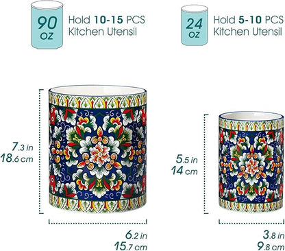 vancasso SIMI Utensil Holder, 7.3"+5.5" Porcelain Kitchen Utensil Holder for Countertop, Bohemian Kitchen Utensil Organizer for Spatulas, Spoons, Decorative Counter Utensil Crock, Verdant Jewel
