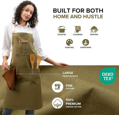 Cotton Canvas Apron for Women & Men – Adjustable Neck Strap & Waist Ties with Pockets