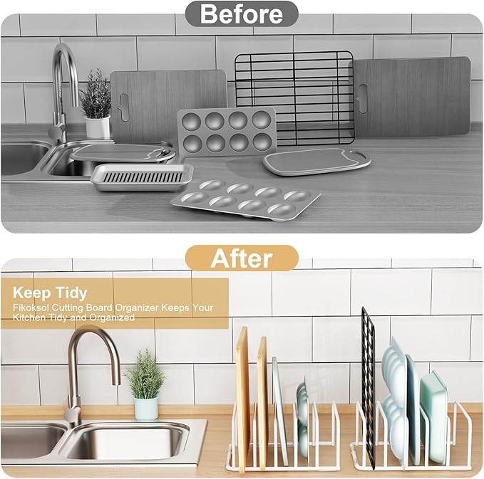 Fikoksol Cutting Board Organizer and Baking Sheet Rack, [1-Pack] White Heavy Duty Metal Cookie Sheet Organizer for Cutting Board Storage & Plate Holder for Cabinet, Tray Dividers for Cabinets - Image 5