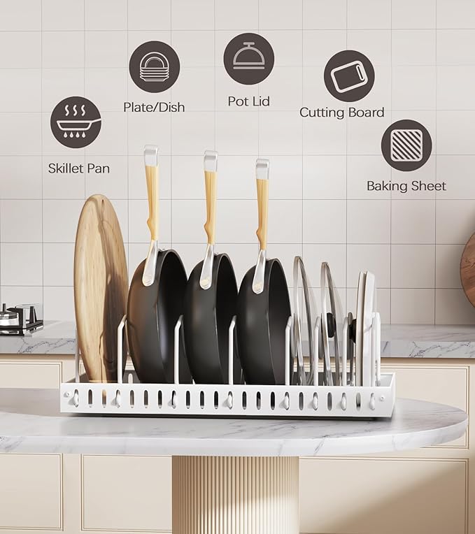 Lozovin Pull Out Pots and Pans Organizer Under Cabinet, Sliding Lid Holder and Pan Rack in Kitchen, Slide Out inside Cabinet Storage for Pot Lid, Bakeware, Dishes, 8 Adjustable Dividers, 2 Pack White - Image 6