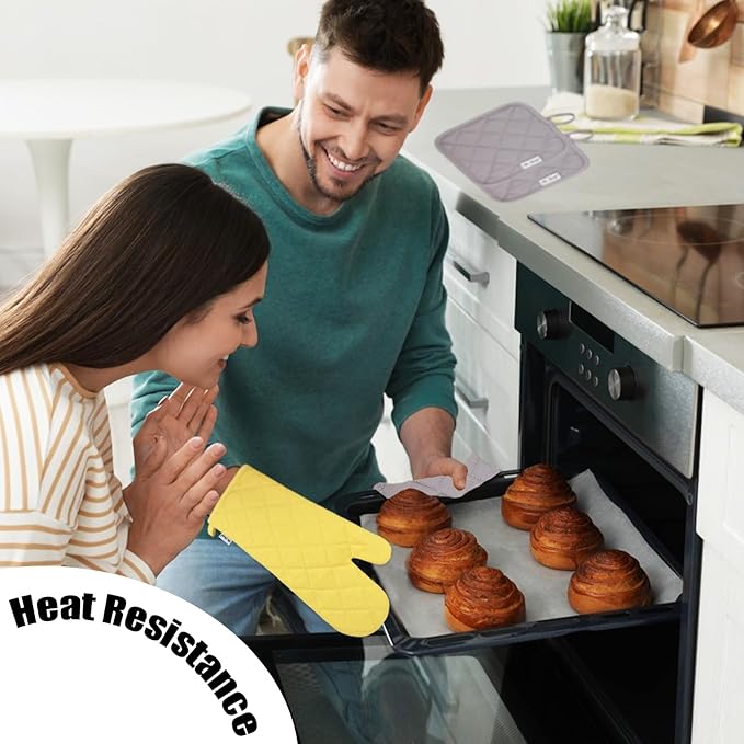 Oven Mitts and Pot Holders Sets,6 Pcs Oven Mitts and Potholders with Recycled Cotton High Heat Resistant Extra Thick Long Oven Mitts for Cooking(Yellow) - Image 5