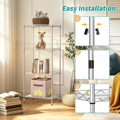 BestOffice | 4-Tier Wire Storage Shelves | 12"D x 18"W x 44"H | Chrome | with Adjustable Racks PP Liners | Compact Metal Shelf, Holds Upto 600 lbs | Ideal for Kitchens Closets Bathrooms Small Corners