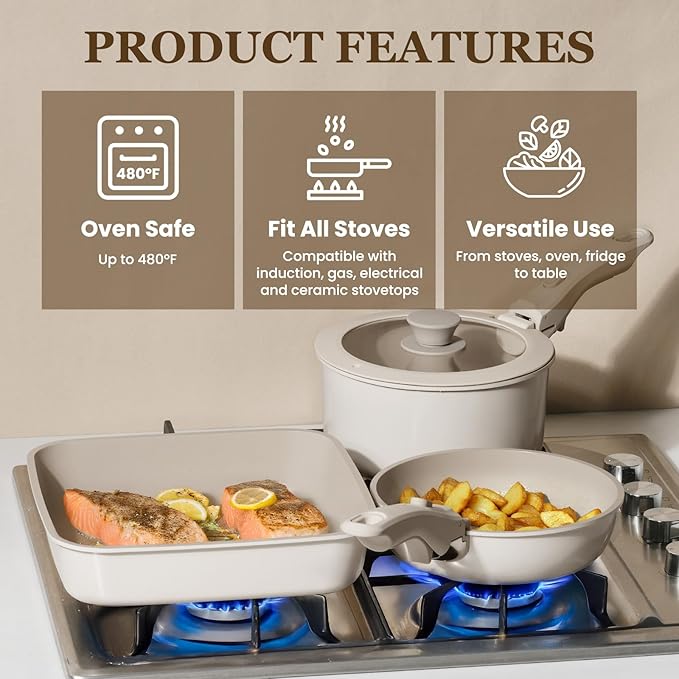 KIKCOIN Nonstick Pots and Pans Set - 22 Pack Cookware Set with Detachable/Removable Handle - Kitchen Cooking Set with Frying Pans, Grill Pan - Stackable, Dishwasher/Oven Safe, Induction Ready - Image 4