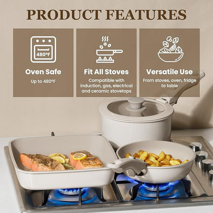KIKCOIN Nonstick Pots and Pans Set - 22 Pack Cookware Set with Detachable/Removable Handle - Kitchen Cooking Set with Frying Pans, Grill Pan - Stackable, Dishwasher/Oven Safe, Induction Ready - Image 4