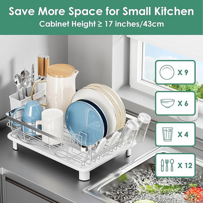 MOUKABAL Dish Drying Rack, Dish Rack, Stainless Steel Dish Racks for Kitchen Counter, Dish Drainer with Removable Utensil Holder, Drainboard (White,Stainless Steel,13''W x 17''L) - Image 4