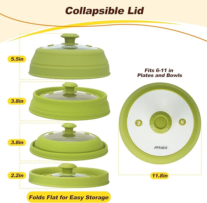 Microwave Splatter cover, Glass Microwave Cover for Food, 11.8 inch Guard Lid with Collapsible Silicone for 6-11 inch Plates & Bowls, Dishwasher Safe, 450°F Heat Resistant, BPA-Free, Green