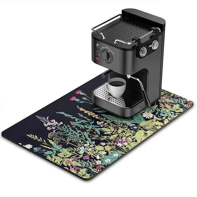 Rnivvi Coffee Mat, 16" x 24" Cute Flower Theme Coffee Bar Mats for Espresso Machine Station Accessories and Organizer, Hide Stain Rubber Backed Absorbent Dish Drying Pad for Kitchen Counter, Black by Rnivvi