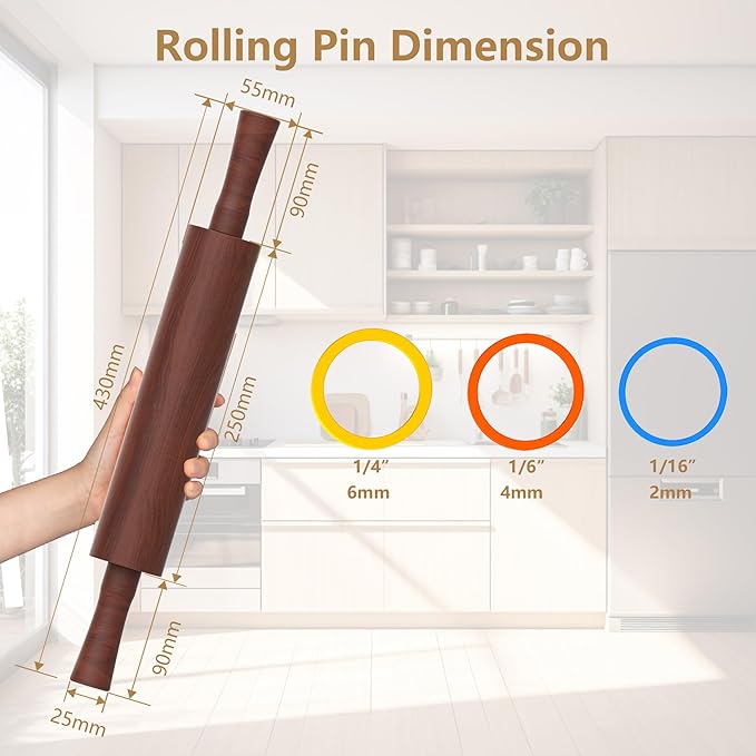 Classic Wooden Rolling Pin with Handle for Fondant, Pizza, Pies, Cookies, Pastries, Rolling Pin for Baking with 3 Multi-Color Thickness Rings, 17" x 2.5" (Include handle) Sapele Rolling Pin - Image 5