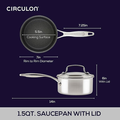 Circulon C1 Series Stainless Steel Plated Non-Stick Cookware with ScratchDefense Technology with Lid, Safe for Metal Utensils, 1.5 Litre, Polished Stainless Steel