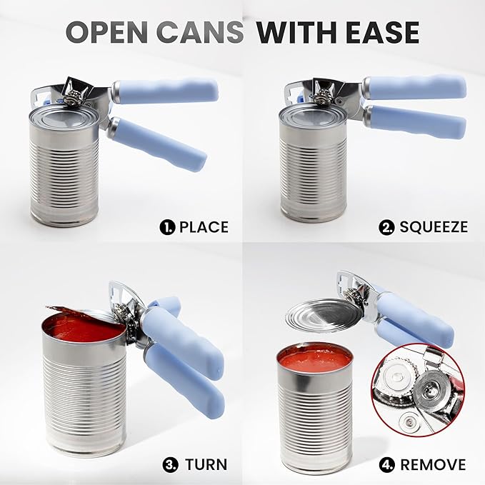 Zulay Kitchen Heavy Duty Stainless Steel Can Opener Manual with Bottle Opener - Rust Proof Manual Can Opener With Turn Knob & Comfy Soft Grip Handles - Light Blue - Image 6