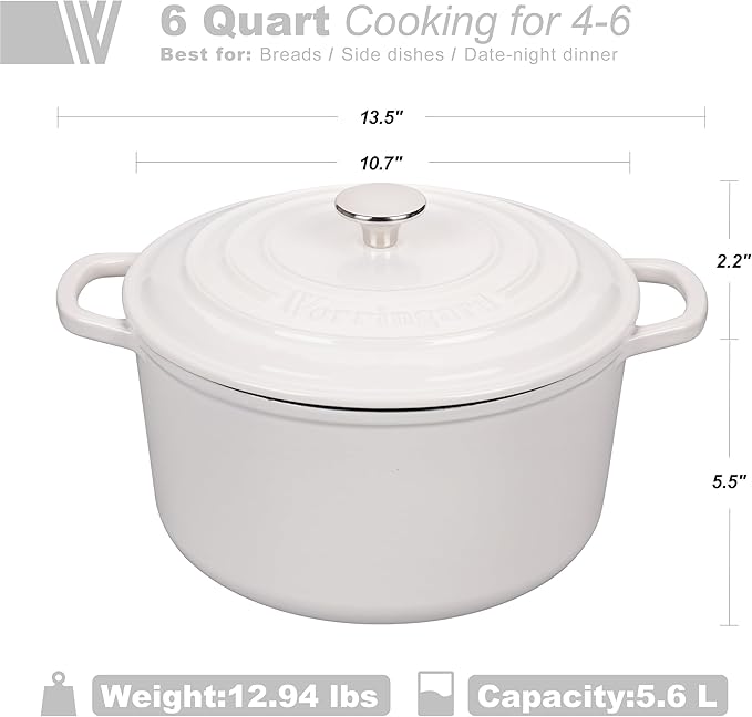 VORRINGARD Enameled Cast Iron Dutch Oven Pot with Lid, for Sourdough Bread Baking, Round Dutch Ovens, 6 Quart, White - Image 2
