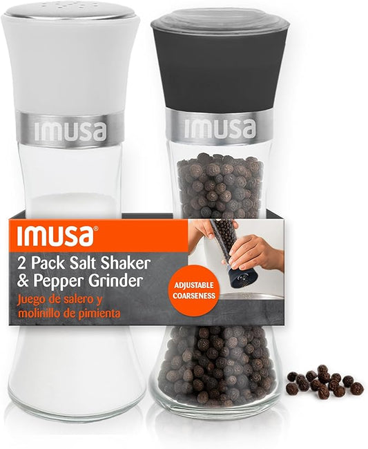 IMUSA Salt Shaker and Pepper Grinder Set – 2 Pack Glass Salt Shaker and Pepper Mill Set, Manual Adjustable Ceramic Core Pepper Grinder, 6 oz Capacity, Refillable Salt and Pepper Set for Kitchen