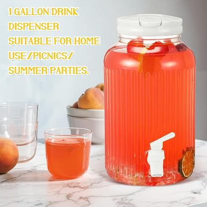 SiliFine 2 Pieces 1 Gallon Plastic Beverage Dispenser with Spigot Striped Clear Large Drink Beverage Dispenser Summer Fridge Water Container with Tap for Party Iced Tea, Sangria, Lemonade (White)