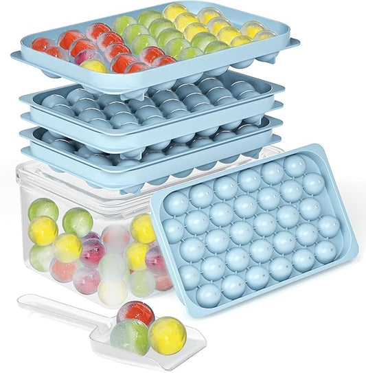 Ice Cube Trays with Lid and Bin, BPA-Free Mini 0.75 Inch Sphere Ice Molds, 2-Pack Small Round Ice Ball Trays, Easy Release, Includes Scoop & Ice Storage Box for Cocktails, Coffee by Yomeixte