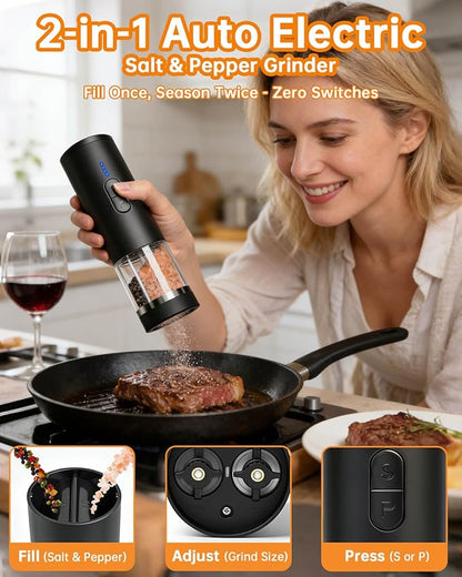 Aotto 2-in-1 Electric Salt and Pepper Grinder Set, USB-C Rechargeable Automatic Mill with LED Light, One-Handed Operation, Adjustable Coarseness