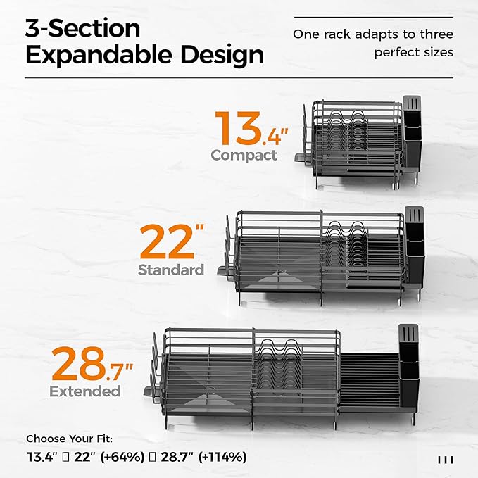 Delamu Stainless Steel Dish Drying Rack, Expandable Dish Drainer, Anti-Rust Large Dish Racks for Kitchen Counter, Dish Strainers with Drainboard, Utensil & Cup Holder, 13.4"-28.7" L x 11.8" W, Black - Image 7